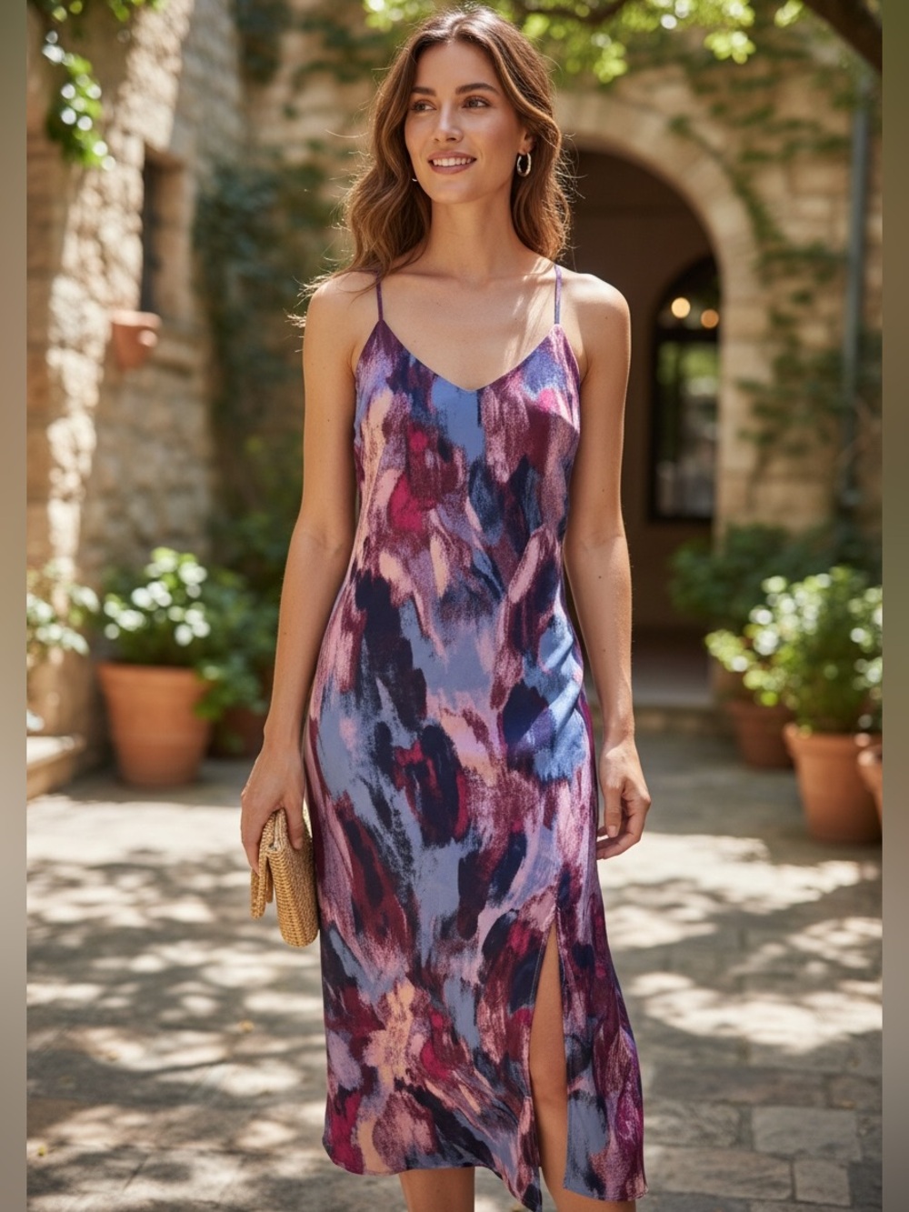 Slip Midi Dress in Purple Multi